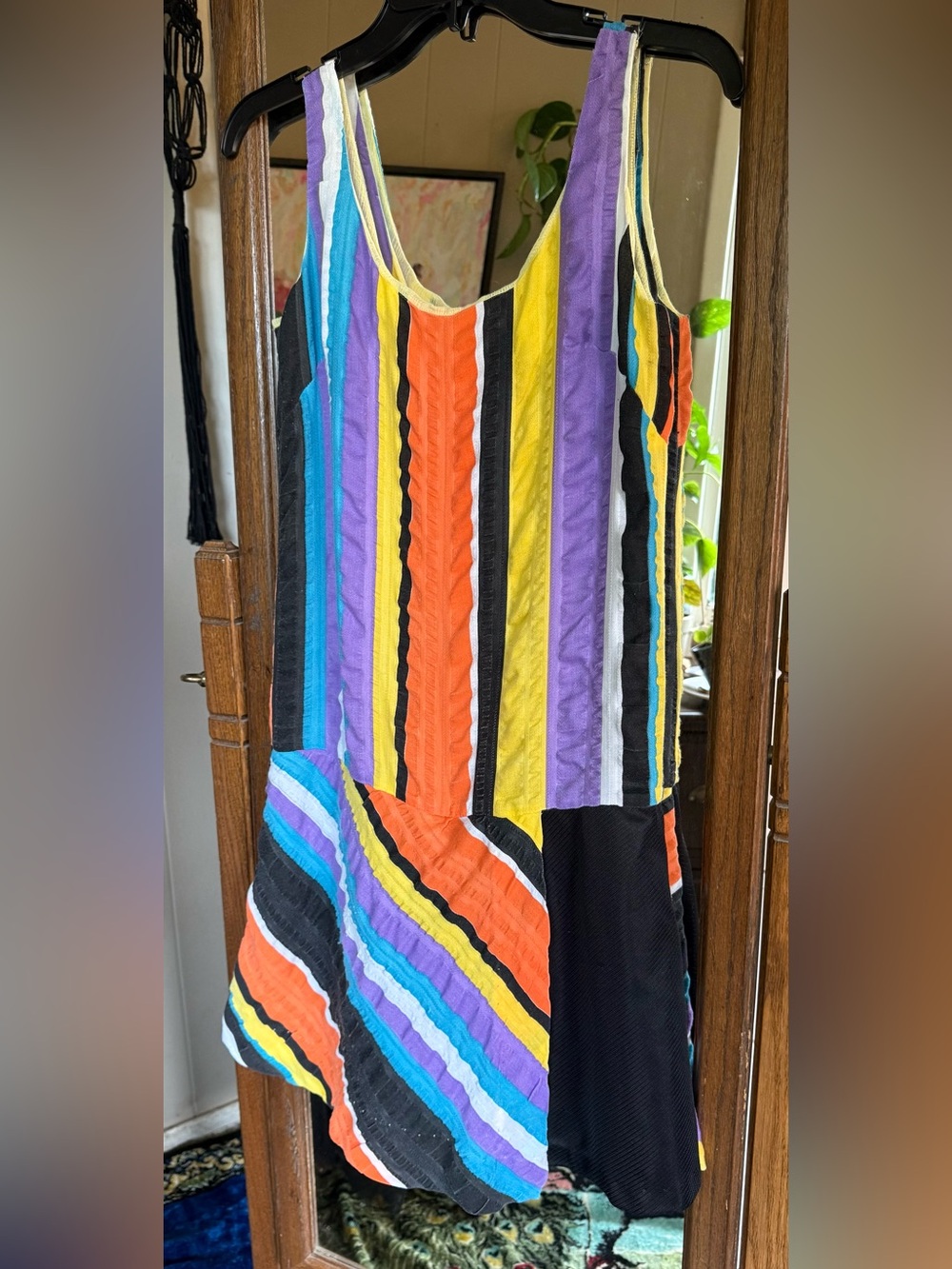 Colorful Striped Sleeveless Dress, attached shorts, handmade, womens Medium